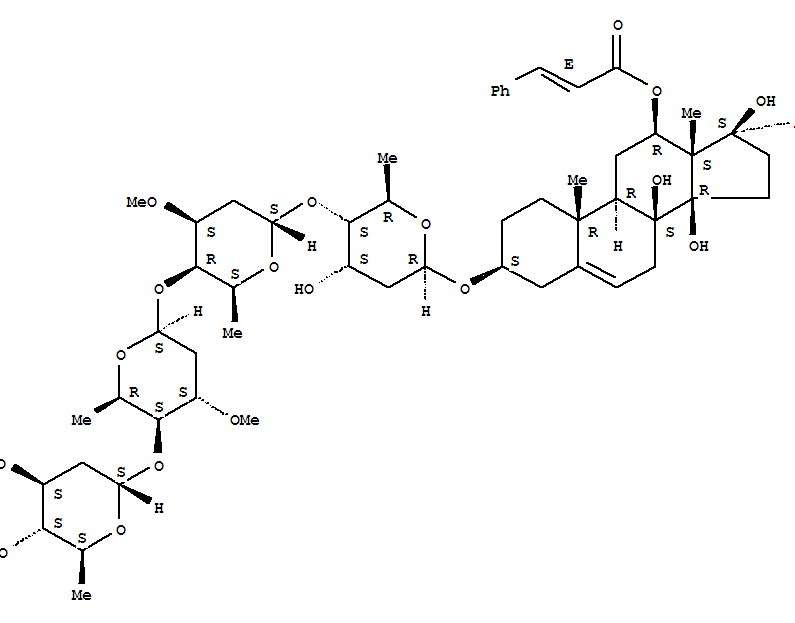 Molecular Structure of 170129-77-8 (Pregn-5-en-20-one,3-[(O-2,6-dideoxy-3-O-methyl-a-L-ribo-hexopyranosyl-(1®4)-O-2,6-dideoxy-3-O-methyl-b-D-ribo-hexopyranosyl-(1®4)-O-2,6-dideoxy-3-O-methyl-a-L-lyxo-hexopyranosyl-(1®4)-2,6-dideoxy-b-D-ribo-hexopyranosyl)oxy]-8,14,17-trihydroxy-12-[[(2E)-1-oxo-3-phenyl-2-propenyl]oxy]-,(3b,12b,14b,17a)- (9CI))