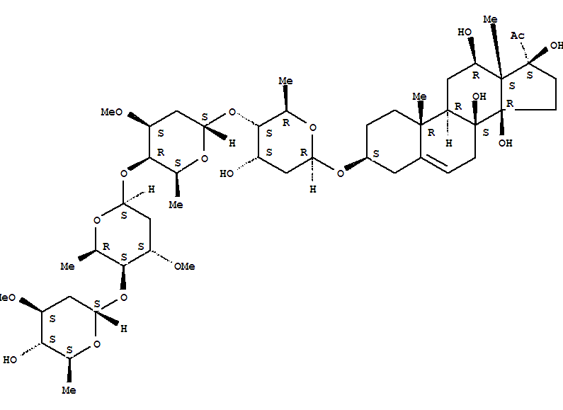 Molecular Structure of 170129-78-9 (Pregn-5-en-20-one,3-[(O-2,6-dideoxy-3-O-methyl-a-L-ribo-hexopyranosyl-(1®4)-O-2,6-dideoxy-3-O-methyl-b-D-ribo-hexopyranosyl-(1®4)-O-2,6-dideoxy-3-O-methyl-a-L-lyxo-hexopyranosyl-(1®4)-2,6-dideoxy-b-D-ribo-hexopyranosyl)oxy]-8,12,14,17-tetrahydroxy-, (3b,12b,14b,17a)- (9CI))