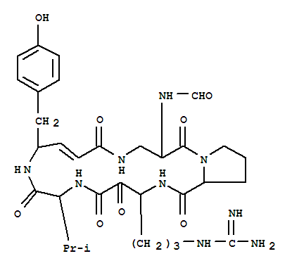 Molecular Structure of 170129-80-3 (D-Valine,3-[[(2E)-4-amino-5-(4-hydroxyphenyl)-1-oxo-2-pentenyl]amino]-N-formyl-L-alanyl-L-prolyl-3,6-diamino-N6-(aminoiminomethyl)-2-oxohexanoyl-,(4®1)-lactam (9CI))