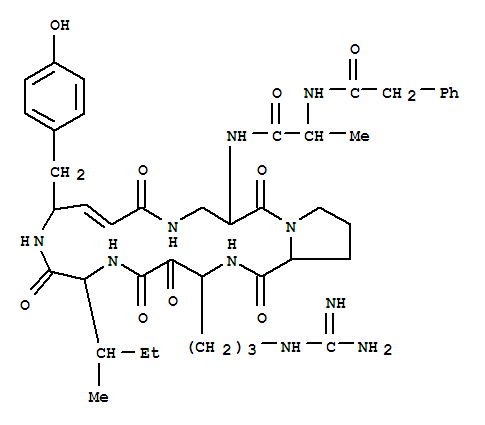Molecular Structure of 170129-81-4 (D-Alloisoleucine,N-(phenylacetyl)-L-alanyl-3-[[(2E,4S)-4-amino-5-(4-hydroxyphenyl)-1-oxo-2-pentenyl]amino]-L-alanyl-L-prolyl-(3S)-3-amino-6-[(aminoiminomethyl)amino]-2-oxohexanoyl-,(5®2)-lactam (9CI))
