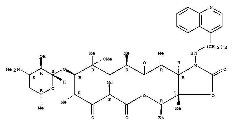 172678-62-5,2H-Oxacyclotetradecino[4,3-d]oxazole-2,6,8,14(1H,7H,9H)-tetrone,4-ethyloctahydro-11-methoxy-3a,7,9,11,13,15-hexamethyl-1-[[3-(4-quinolinyl)propyl]amino]-10-[[3,4,6-trideoxy-3-(dimethylamino)-b-D-xylo-hexopyranosyl]oxy]-,(3aS,4R,7R,9R,10R,11R,13R,15R,15aR)-,Erythromycin,3-de[(2,6-dideoxy-3-C-methyl-3-O-methyl-a-L-ribo-hexopyranosyl)oxy]-11,12-dideoxy-6-O-methyl-3-oxo-12,11-[oxycarbonyl[[3-(4-quinolinyl)propyl]hydrazono]]-;HMR 3004; RU 004; RU 64004