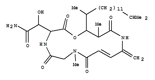 Molecular Structure of 172923-79-4 (1-Oxa-4,7,12-triazacyclopentadec-9-ene-3-acetamide,15-(1,13-dimethyltetradecyl)-a-hydroxy-7,14-dimethyl-11-methylene-2,5,8,13-tetraoxo-)