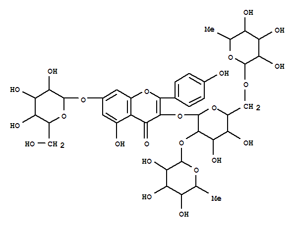 Molecular Structure of 172923-83-0 (4H-1-Benzopyran-4-one,3-[(O-6-deoxy-a-L-mannopyranosyl-(1®2)-O-[6-deoxy-a-L-mannopyranosyl-(1®6)]-b-D-galactopyranosyl)oxy]-7-(b-D-glucopyranosyloxy)-5-hydroxy-2-(4-hydroxyphenyl)-(9CI))