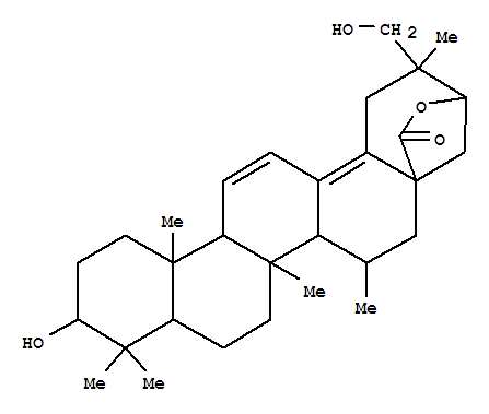 Molecular Structure of 172923-91-0 (27-Noroleana-11,13(18)-dien-28-oicacid, 3,21,29-trihydroxy-15-methyl-, g-lactone, (3b,15a,20b,21b)- (9CI))
