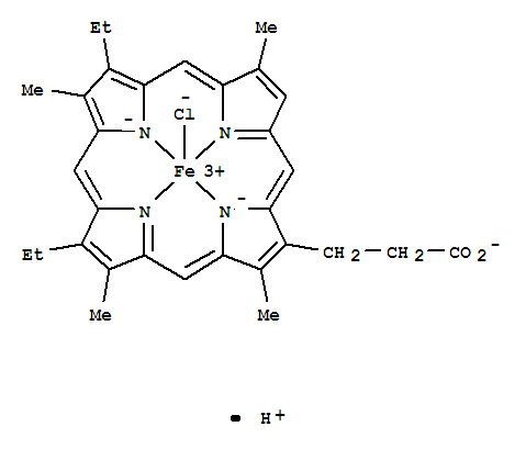 26219-52-3,Ferrate(1-),chloro[8,13-diethyl-3,7,12,17-tetramethyl-21H,23H-porphine-2-propanoato(3-)-kN21,kN22,kN23,kN24]-, hydrogen, (SP-5-13)- (9CI),Ferrate(1-),chloro[8,13-diethyl-3,7,12,17-tetramethyl-21H,23H-porphine-2-propanoato(3-)-N21,N22,N23,N24]-,hydrogen, (SP-5-13)-; Iron, chloro[hydrogen8,13-diethyl-3,7,12,17-tetramethyl-2-porphinepropionato(2-)]- (8CI); PyrroheminXV (7CI); 21H,23H-Porphine-2-propanoic acid,8,13-diethyl-3,7,12,17-tetramethyl-, iron complex; Iron, chloro[dihydrogenpyrroporphyrin XV-ato(2-)]-