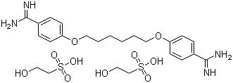 659-40-5,Hexamidine diisethionate,2535 RP;2535 R. P.;Ethanesulfonic acid, 2-hydroxy-, compd. with 4,4-[1, 6-hexanediylbis (oxy)]bis[benzenecarboximidamide] (2:1);Desmedine;Ethanesulfonic acid, 2-hydroxy-, compd. with 4, 4- (hexamethylenedioxy)dibenzamidine (2:1);Hexamidin 2-hydroxyethansulfonat;RP 2535;2-Hydroxyethanesulphonic acid, compound with 4,4-(hexane-1,6-diylbis(oxy))bis(benzenecarboxamidine) (2:1);Hexamidine isethionate;p,p- (Hexamethylenedioxy)dibenzamide bis(.beta.-hydroxyethanesulfonate);4-[6-(4-carbamimidoylphenoxy)hexoxy]benzenecarboximidamide; 2-hydroxyethanesulfonic acid;Ophtamedine;Ethanesulfonic acid,2-hydroxy-,compd. with 4,4'-[1,6-hexanediylbis(oxy)]bis- [benzenecarboximidamide] (2:1);Esomedina;Ethanesulfonic acid, 2-hydroxy-, compd. with 4,4-(hexamethylenedioxy)dibenzamidine (2:1) (8CI);Hexomedine;Desomedine;Ethanesulfonic acid, 2-hydroxy-, compd. with 4,4-(1,6-hexanediylbis(oxy))bis(benzenecarboximidamide) (2:1) (9CI);