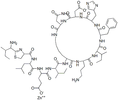 92528-87-5,ZINC BACITRACIN,BACITRACIN ZINC;4-[2-[[2-(1-AMINO-2-METHYL-BUTYL)-4,5-DIHYDRO-1,3-THIAZOL-4-YL]CARBONYLAMINO]-4-METHYL-PENTANOYL]AMINO-5-[1-[[18-(3-AMINOPROPYL)-12-BENZYL-15-BUTAN-2-YL-3-(CARBAMOYLMETHYL)-6-(CARBOXYMETHYL)-9-(4H-IMIDAZOL-4-YLMETHYL)-2,5,8,11,14,17,20-HEPTAOXO-1,4,7,10,13,16,19-HEPTAZACYCLOPENTACOS-21-YL]CARBAMOYL]-2-METHYL-BUTYL]AMINO-5-OXO-PENTANOIC ACID, ZINC