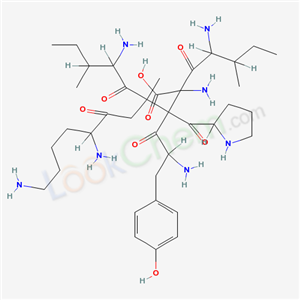 102577-25-3,2,7,11-triamino-3-[2-amino-3-(4-hydroxyphenyl)propanoyl]-2,4-bis(2-amino-3-methylpentanoyl)-4-methyl-6-oxo-3-(pyrrolidin-2-ylcarbonyl)undecanoic acid,2,7,11-Triamino-3-[2-amino-3-(4-hydroxyphenyl)propanoyl]-2,4-bis(2-amino-3-methylpentanoyl)-4-methyl-6-oxo-3-(pyrrolidin-2-ylcarbonyl)undecanoic acid; 2-pyrrolidinebutanoic acid, alpha-amino-beta-[2-amino-3-(4-hydroxyphenyl)-1-oxopropyl]-alpha-(2-amino-3-methyl-1-oxopentyl)-beta-[4,8-diamino-1-(2-amino-3-methyl-1-oxopentyl)-1-methyl-3-oxooctyl]-gamma-oxo-