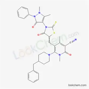 Molecular Structure of 7063-25-4 (6-(4-benzylpiperidin-1-yl)-5-{[3-(1,5-dimethyl-3-oxo-2-phenyl-2,3-dihydro-1H-pyrazol-4-yl)-4-oxo-2-thioxo-1,3-thiazolidin-5-ylidene]methyl}-1,4-dimethyl-2-oxo-1,2-dihydropyridine-3-carbonitrile)