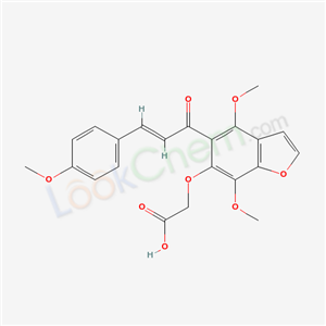 51594-77-5,({4,7-dimethoxy-5-[(2E)-3-(4-methoxyphenyl)prop-2-enoyl]-1-benzofuran-6-yl}oxy)acetic acid,(Methoxy-4' cinnamoyl)-5 dimethoxy-4,7 carboxymethoxy-6 benzofuranne [French];Acetic acid,((4,7-dimethoxy-5-(3-(4-methoxyphenyl)-1-oxo-2-propenyl)-6-benzofuranyl)oxy);(Methoxy-4' cinnamoyl)-5 dimethoxy-4,7 carboxymethoxy-6 benzofuranne;((4,7-Dimethoxy-5-(3-(4-methoxyphenyl)-1-oxo-2-propenyl)-6-benzofuranyl)oxy)acetic acid;