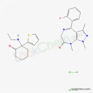 Molecular Structure of 75418-09-6 (2-(ethylamino)-2-(thiophen-2-yl)cyclohexanone-4-(2-fluorophenyl)-1,3,8-trimethyl-6,8-dihydropyrazolo[3,4-e][1,4]diazepin-7(1H)-one hydrochloride (1:1:2))