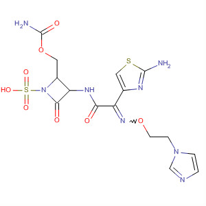 Molecular Structure of 89956-52-5 (1-Azetidinesulfonic acid,
2-[[(aminocarbonyl)oxy]methyl]-3-[[(2-amino-4-thiazolyl)[[2-(1H-imidazol
-1-yl)ethoxy]imino]acetyl]amino]-4-oxo-)