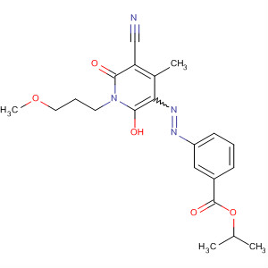 Molecular Structure of 137886-59-0 (Benzoic acid,
3-[[5-cyano-1,6-dihydro-2-hydroxy-1-(3-methoxypropyl)-4-methyl-6-oxo-
3-pyridinyl]azo]-, 1-methylethyl ester)