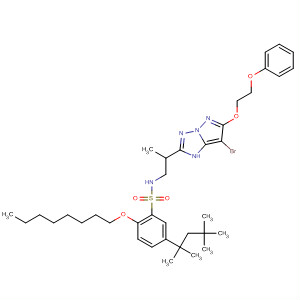 Molecular Structure of 138559-24-7 (Benzenesulfonamide,
N-[2-[7-bromo-6-(2-phenoxyethoxy)-1H-pyrazolo[1,5-b][1,2,4]triazol-2-yl
]propyl]-2-(octyloxy)-5-(1,1,3,3-tetramethylbutyl)-)