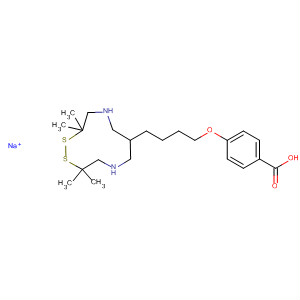 Molecular Structure of 138999-11-8 (Benzoic acid,
4-[4-(3,3,11,11-tetramethyl-1,2-dithia-5,9-diazacycloundec-7-yl)butoxy]-
, monosodium salt)