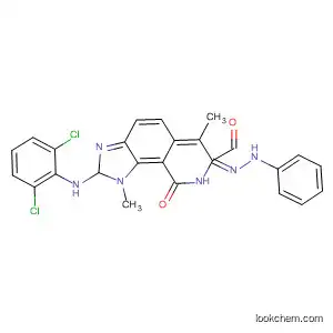 Molecular Structure of 333456-84-1 (1H-Imidazo[4,5-h]isoquinoline-7-carboxaldehyde,
2-[(2,6-dichlorophenyl)amino]-8,9-dihydro-1,6-dimethyl-9-oxo-,
7-(phenylhydrazone))
