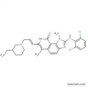 Molecular Structure of 333456-88-5 (9H-Imidazo[4,5-h]isoquinolin-9-one,
7-[3-[3-(aminomethyl)-1-piperidinyl]-1-propenyl]-2-[(2,6-dichlorophenyl)
amino]-1,8-dihydro-1,6-dimethyl-)