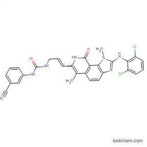 Molecular Structure of 333457-14-0 (Urea,
N-(3-cyanophenyl)-N'-[3-[2-[(2,6-dichlorophenyl)amino]-8,9-dihydro-1,6-
dimethyl-9-oxo-1H-imidazo[4,5-h]isoquinolin-7-yl]-2-propenyl]-)