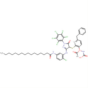 Molecular Structure of 146429-53-0 (Carbamic acid,
[2-[[3-[[2-chloro-5-[(1-oxohexadecyl)amino]phenyl]amino]-4,5-dihydro-5-
oxo-1-(pentachlorophenyl)-1H-pyrazol-4-yl]thio]phenyl]-, phenylmethyl
ester)