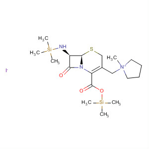 Molecular Structure of 111390-03-5 (Pyrrolidinium,
1-methyl-1-[[(6R,7R)-8-oxo-7-[(trimethylsilyl)amino]-2-[[(trimethylsilyl)oxy
]carbonyl]-5-thia-1-azabicyclo[4.2.0]oct-2-en-3-yl]methyl]-, iodide)