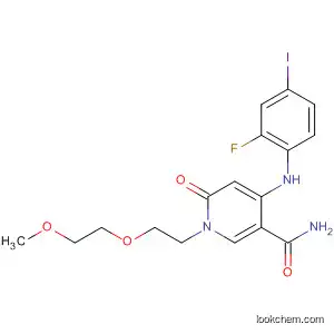 Molecular Structure of 821790-24-3 (3-Pyridinecarboxamide,
4-[(2-fluoro-4-iodophenyl)amino]-1,6-dihydro-1-[2-(2-methoxyethoxy)eth
yl]-6-oxo-)