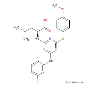 Molecular Structure of 825647-39-0 (L-Leucine,
N-[4-[(3-fluorophenyl)amino]-6-[(4-methoxyphenyl)thio]-1,3,5-triazin-2-yl]
-)