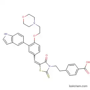 Molecular Structure of 832150-62-6 (Benzoic acid,
4-[2-[5-[[3-(1H-indol-5-yl)-4-[2-(4-morpholinyl)ethoxy]phenyl]methylene]-
4-oxo-2-thioxo-3-thiazolidinyl]ethyl]-)