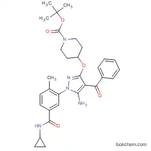 Molecular Structure of 836682-94-1 (1-Piperidinecarboxylic acid,
4-[[5-amino-4-benzoyl-1-[5-[(cyclopropylamino)carbonyl]-2-methylphenyl
]-1H-pyrazol-3-yl]oxy]-, 1,1-dimethylethyl ester)
