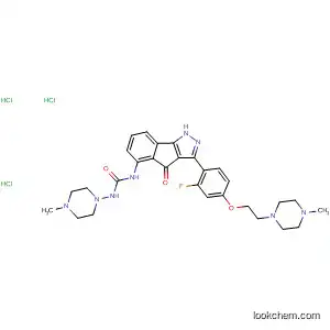 Molecular Structure of 784211-27-4 (Urea,
N-[3-[2-fluoro-4-[2-(4-methyl-1-piperazinyl)ethoxy]phenyl]-1,4-dihydro-4-
oxoindeno[1,2-c]pyrazol-5-yl]-N'-(4-methyl-1-piperazinyl)-,
trihydrochloride)
