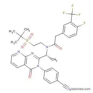 Molecular Structure of 873191-66-3 (Benzeneacetamide,
N-[(1R)-1-[3-(4-cyanophenyl)-3,4-dihydro-4-oxopyrido[2,3-d]pyrimidin-2
-yl]ethyl]-N-[2-[(1,1-dimethylethyl)sulfonyl]ethyl]-4-fluoro-3-(trifluoromethyl
)-)