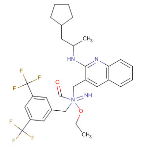 Molecular Structure of 898911-13-2 (Carbamimidic acid,
N-[[3,5-bis(trifluoromethyl)phenyl]methyl]-N-[[2-[(cyclopentylmethyl)ethyl
amino]-3-quinolinyl]methyl]-, ethyl ester)
