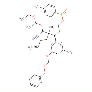 Molecular Structure of 110370-89-3 (5-Decenenitrile,
3-(3-butenyl)-2-(1-ethoxyethoxy)-3,9-dimethyl-4-[2-[[(4-methylphenyl)sulf
onyl]oxy]ethyl]-7-[(phenylmethoxy)methoxy]-)