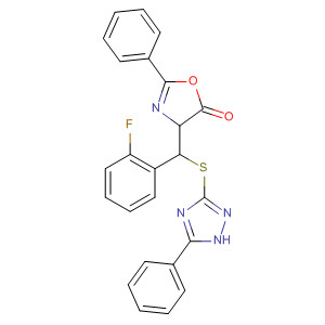 Molecular Structure of 113056-46-5 (5(4H)-Oxazolone,
4-[(2-fluorophenyl)[(5-phenyl-1H-1,2,4-triazol-3-yl)thio]methyl]-2-phenyl-)