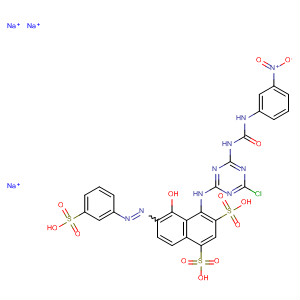 Molecular Structure of 143278-56-2 (1,3-Naphthalenedisulfonic acid,
4-[[4-chloro-6-[[[(3-nitrophenyl)amino]carbonyl]amino]-1,3,5-triazin-2-yl]
amino]-5-hydroxy-6-[(3-sulfophenyl)azo]-, trisodium salt)