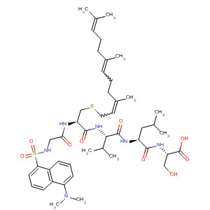 Molecular Structure of 143732-07-4 (L-Serine,
N-[N-[N-[N-[N-[[5-(dimethylamino)-1-naphthalenyl]sulfonyl]glycyl]-S-(3,7,
11-trimethyl-2,6,10-dodecatrienyl)-L-cysteinyl]-L-valyl]-L-leucyl]-)