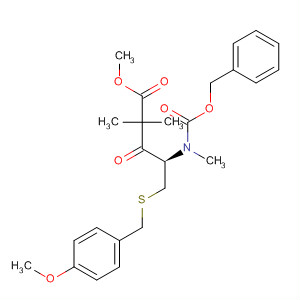 Molecular Structure of 183621-78-5 (Pentanoic acid,
5-[[(4-methoxyphenyl)methyl]thio]-2,2-dimethyl-4-[methyl[(phenylmethoxy
)carbonyl]amino]-3-oxo-, methyl ester, (R)-)