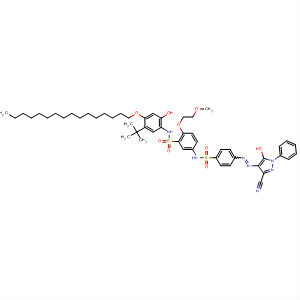 Molecular Structure of 184952-89-4 (Benzenesulfonamide,
5-[[[4-[(3-cyano-5-hydroxy-1-phenyl-1H-pyrazol-4-yl)azo]phenyl]sulfonyl]
amino]-N-[5-(1,1-dimethylethyl)-4-(hexadecyloxy)-2-hydroxyphenyl]-2-(2-
methoxyethoxy)-)