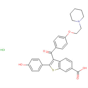 Molecular Structure of 185416-89-1 (Benzo[b]thiophene-6-carboxylic acid,
2-(4-hydroxyphenyl)-3-[4-[2-(1-piperidinyl)ethoxy]benzoyl]-,
hydrochloride)