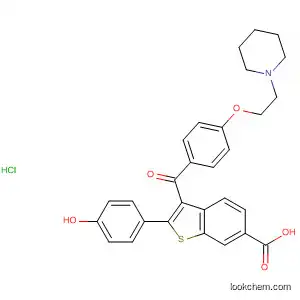 Molecular Structure of 185416-89-1 (Benzo[b]thiophene-6-carboxylic acid,
2-(4-hydroxyphenyl)-3-[4-[2-(1-piperidinyl)ethoxy]benzoyl]-,
hydrochloride)