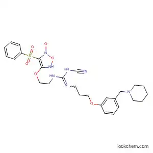 Molecular Structure of 194538-14-2 (Guanidine,
N-cyano-N'-[2-[[5-oxido-4-(phenylsulfonyl)-1,2,5-oxadiazol-3-yl]oxy]ethyl]
-N''-[3-[3-(1-piperidinylmethyl)phenoxy]propyl]-)