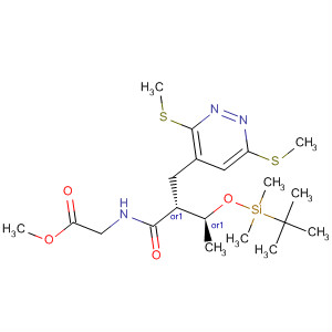 Molecular Structure of 195251-63-9 (Glycine,
N-[(2R,3S)-2-[[3,6-bis(methylthio)-4-pyridazinyl]methyl]-3-[[(1,1-dimethyl
ethyl)dimethylsilyl]oxy]-1-oxobutyl]-, methyl ester, rel-)