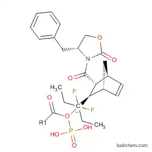 Molecular Structure of 404575-64-0 (Phosphonic acid,
[difluoro[(1R,2R,3R,4S)-3-[[(4R)-2-oxo-4-(phenylmethyl)-3-oxazolidinyl]
carbonyl]bicyclo[2.2.1]hept-5-en-2-yl]methyl]-, diethyl ester)