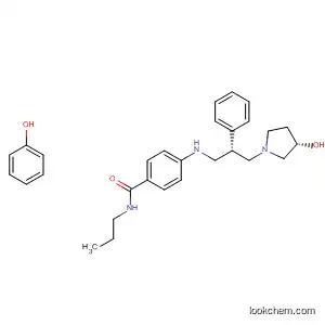 Molecular Structure of 591769-11-8 (Benzamide,
4-[[(1S)-2-[(3S)-3-hydroxy-1-pyrrolidinyl]-1-phenylethyl]methylamino]-N-
propyl-, compd. with phenol (1:1))