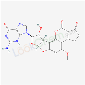 Molecular Structure of 79982-94-8 (Cyclopenta(c)furo(3,2:4,5)furo(2,3-h)(1)benzopyran-1,11-dione, 8-(2-amino-1,6-dihydro-6-oxo-9H-purin-9-yl)-2,3,6a,8,9,9a-hexahydro-9-hydroxy-4-methoxy-, (6aS-(6aalpha,8beta,9alpha,9aalpha))-)