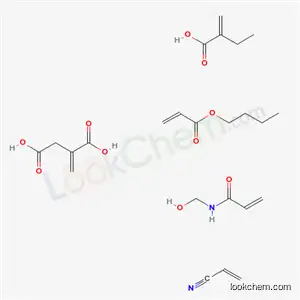 Molecular Structure of 67785-46-0 (Butanedioic acid, methylene-, polymer with butyl 2-propenoate, ethyl 2-propenoate, N-(hydroxymethyl)-2-propenamide and 2-propenenitrile)