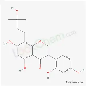 Molecular Structure of 62682-11-5 (3-(2,4-dihydroxyphenyl)-5,7-dihydroxy-8-(3-hydroxy-3-methylbutyl)-2,3-dihydro-4H-chromen-4-one)