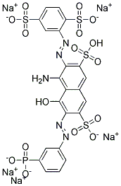 Pentasodium hydrogen -4-amino-3-((2,5-disulphonatophenyl)azo)-5-hydroxy-6-((3-phosphonatophenyl)azo)naphthalene-2,7-disulphonate