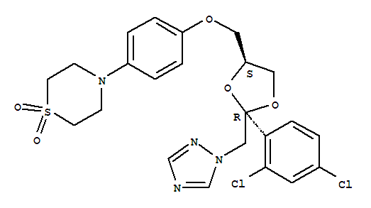 Molecular Structure of 103661-11-6 (Thiomorpholine,4-[4-[[2-(2,4-dichlorophenyl)-2-(1H-1,2,4-triazol-1-ylmethyl)-1,3-dioxolan-4-yl]methoxy]phenyl]-,1,1-dioxide, cis- (9CI))