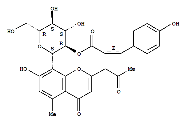 Molecular Structure of 115940-94-8 (4H-1-Benzopyran-4-one,7-hydroxy-8-[2-O-[(2Z)-3-(4-hydroxyphenyl)-1-oxo-2-propen-1-yl]-b-D-glucopyranosyl]-5-methyl-2-(2-oxopropyl)-)