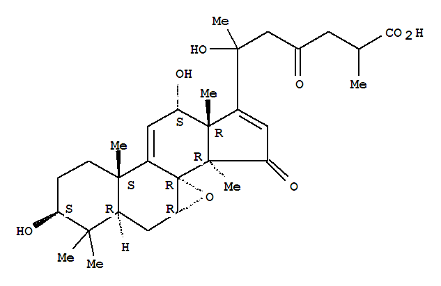 Molecular Structure of 155566-30-6 (Lanosta-9(11),16-dien-26-oicacid, 7,8-epoxy-3,12,20-trihydroxy-15,23-dioxo-, (3b,7a,8a,12a)- (9CI))